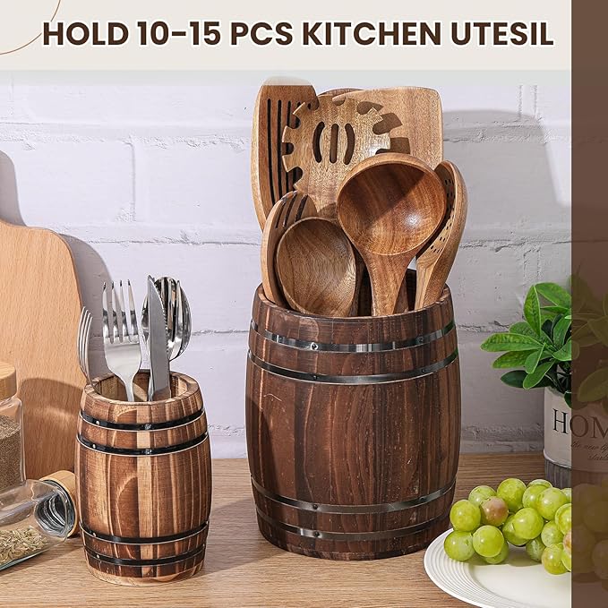 Honeydak 2 Pcs Wood Wine Barrel Kitchen Utensil Crock 7"+5.3" Vintage Rustic Burnt Cooking Tool Holder Western Wine Barrel Vase Planter Cooking Tool Holder Farmhouse Wedding Party Decoration