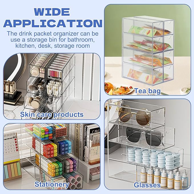 8 Drawers Drink Packet Organizer Drink Mix Holder Water Packet Organizer, Stackable Acrylic Water Flavor Packets Container for for Kitchen Countertop Pantry Cabinet