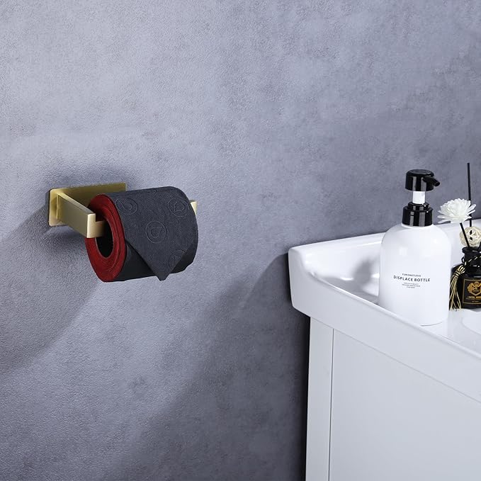 LANC Gold Toilet Paper Holder, Self-Adhesive Toilet Roll Holder Wall Mounted for Bathroom RV, Stick On Tissue Roll Holder with No Drilling Rustproof Stainless Steel,Brushed Gold, A8307BG