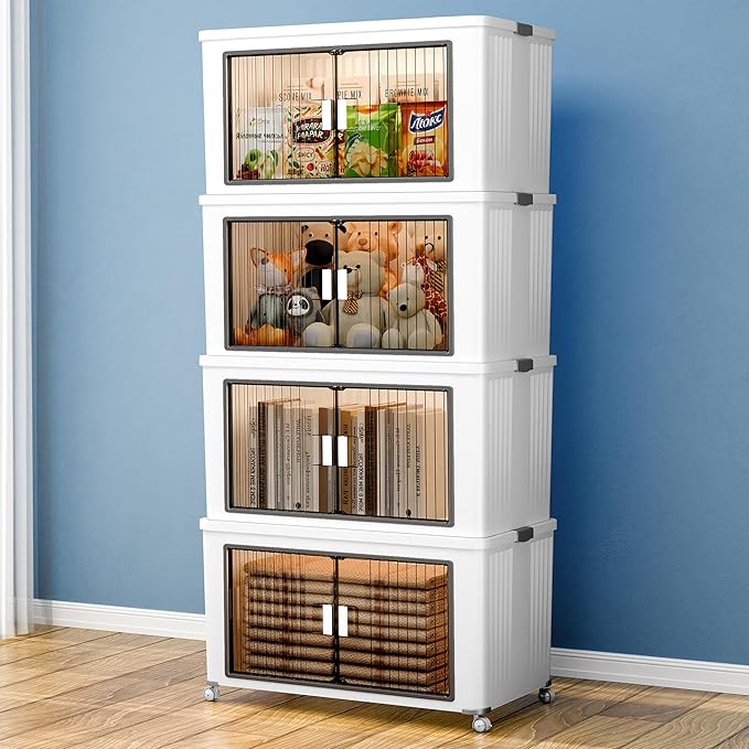 4 Tier 432 Qt Plastic Storage Bins and Boxes Organizer - Stackable Storage Bins with Lids for Bedroom, Bathroom, Laundry Room, Living Room, Office, Camping - Foldable Containers