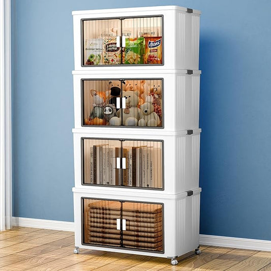 4 Tier 432 Qt Plastic Storage Bins and Boxes Organizer - Stackable Storage Bins with Lids for Bedroom, Bathroom, Laundry Room, Living Room, Office, Camping - Foldable Containers