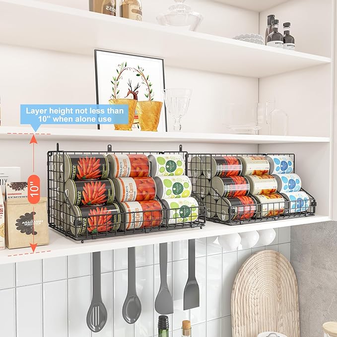 2 Pack Stackable Can Rack Organizer for Pantry Storage,Can Dispensers with 4 Adjustable Dividers, 2-Tier Metal Wire Basket Beverage Pop Soda Rack for Kitchen Cabinet Pantry, Black