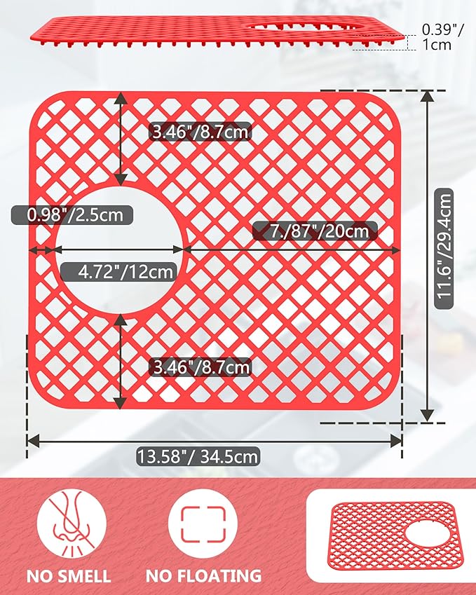 BEHOK 2 Pack Silicone Sink Protectors for Kitchen Sink, Lozenge Pattern 13 x 11 Inches Sink Mat, Non-Slip and Durable Sink Protector Silicone, Rear Drain, Red
