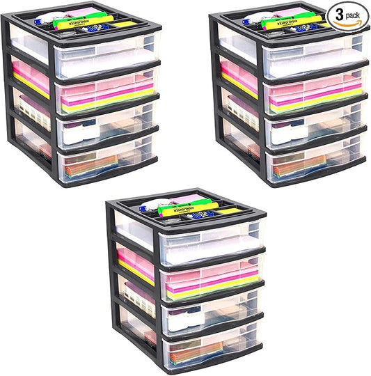Gracious Living 4 Drawer Desktop & Countertop Organizer w/Organization Lid for Craft Storage, Office Supplies & School Supplies, Black/Clear (3 Pack)