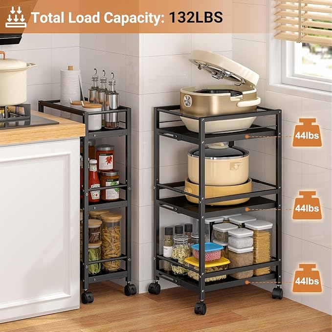 Expandable Slim Storage Cart for Small Space, 3-Tier Metal Rolling Kitchen Cart, Adjustable Narrow Laundry Cart, Small Shelving Unit with Wheels, Ideal for Kitchen Bathroom Laundry Room Living Room