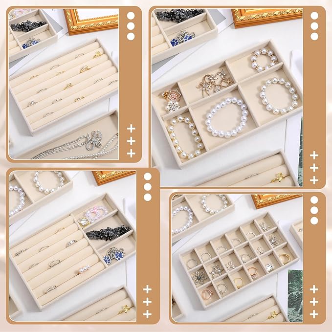 10 Pack Beige Jewelry Organizer Tray, Jewelry Drawer Organizer Inserts with Removable Dividers Stackable Velvet Ring Earring Storage for Rings Earrings Necklace Bracelet Watch Storage