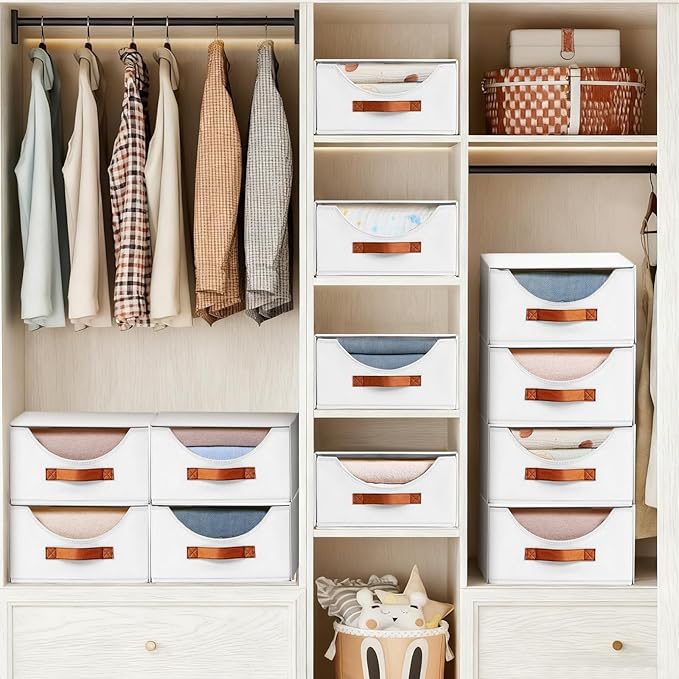 DIMJ Closet Organizers and Storage - 4 Pack Fabric Storage Bins with Drawers, Collapsible Clothes Organizers Stackable Drawers for Closet, Bedroom, Living Room, Shelf, Wardrobe