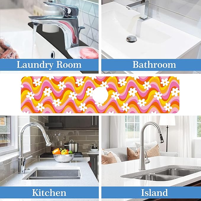 Faucet Mat Splash Guard Retro Floral Daisy, Soft Diatom Mud Material, Strong Water Absorption, Non-slip,Easy to Clean for Bathroom, Kitchen 23.5"X5.5"