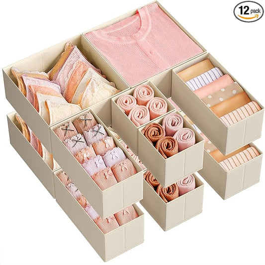 SONGMICS Drawer Organizers, Dresser Divider Organizers, Set of 12, Foldable Fabric Storage Boxes for Socks, Underwear, Bras, Ties, Scarves, Summer Sand URDZ006Y02