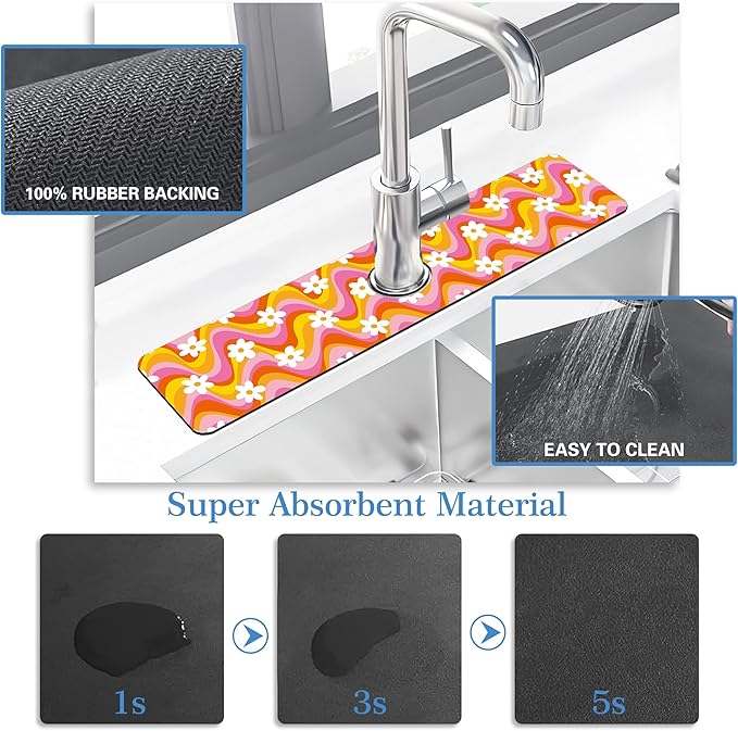 Faucet Mat Splash Guard Retro Floral Daisy, Soft Diatom Mud Material, Strong Water Absorption, Non-slip,Easy to Clean for Bathroom, Kitchen 23.5"X5.5"