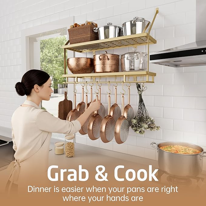 KES 30-Inch Gold Pot Rack Wall Mounted, 2-Tier Hanging Pot and Pan Organizer with 12 Sturdy Hooks, Elegant Modern Kitchen Wall Hanger Shelves, KUR215S75B-GD