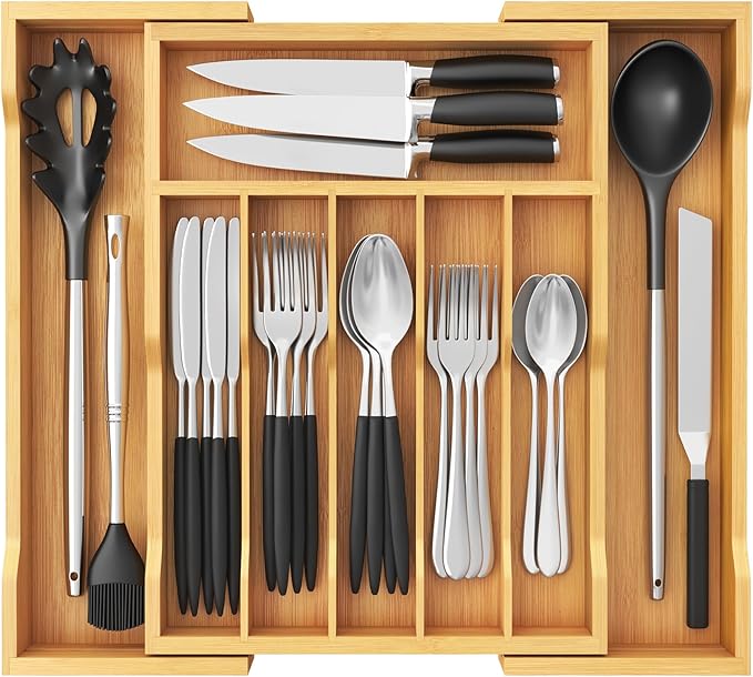 Lifewit Silverware Drawer Organizer, Expandable Utensil Tray for Kitchen, Bamboo Flatware and Cutlery Holder, Wood Adjustable Storage for Spoons Forks Knives, 13-22x15"/ 33 -56x38cm, Natural