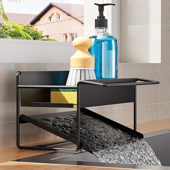 Kitchen Sink Caddy, 304 Stainless Steel Sponge Holder with Towel Bar, Rustproof Sink Organizer for Kitchen Counter & Faucet