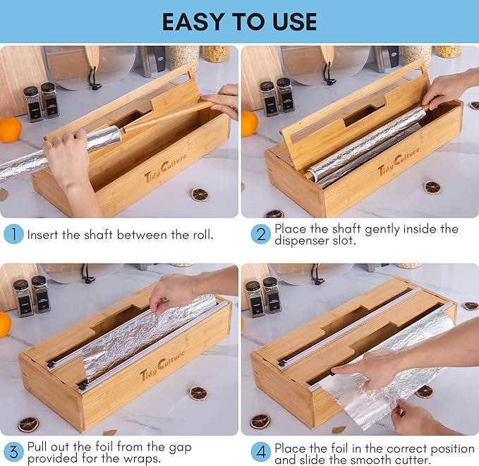 18 Inch Large Foil Wrap Dispenser with Cutter, 2 in 1 Aluminum Butcher Parchment Paper Freezer Tin Wax Cling Foil Plastic Wrap Organizer for Kitchen Drawer Bamboo Saran Storage Roll Holder