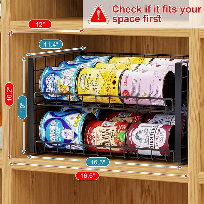 2-Pack Stackable Can Organizer for Pantry, Adjustable Can Holder Rack for Canned Food Soda Drink Goods Storage up to 36 Cans Storage, 2 Tier, Black