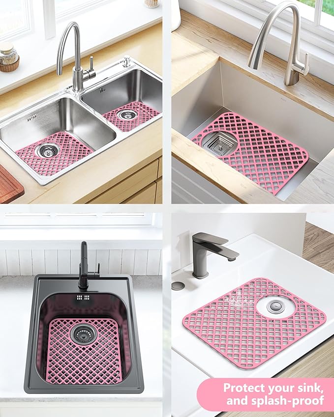 BEHOK 2 Pack Silicone Sink Protectors for Kitchen Sink, Lozenge Pattern 13 x 11 Inches Sink Mat, Non-Slip and Durable Sink Protector Silicone, Rear Drain, Pink