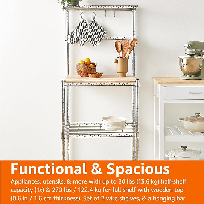 Amazon Basics Kitchen Storage Baker's Rack with Removable Top, Chrome/Beige, 18"D x 24" W x 59"H