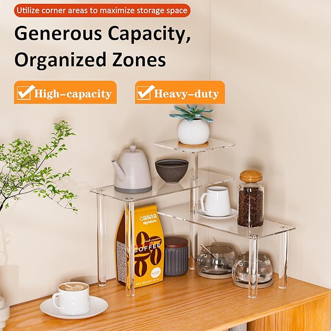 Clear Countertop Corner Organizer Shelf 16.9x16.9x15.6 inch, 3 Tier Acrylic Organizer Corner Shelf for Bathroom, Kitchen, Study Room, Spice Jars, Coffee Bar, Dresser Table, Books
