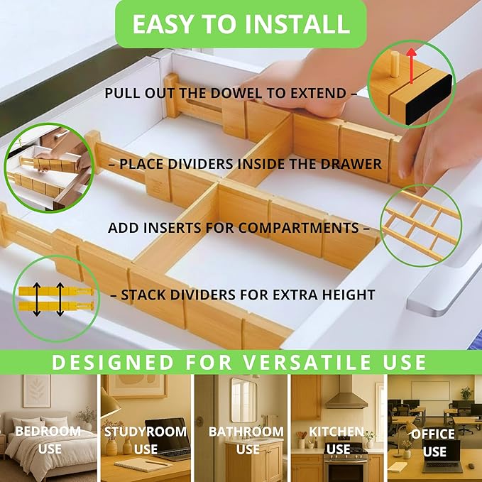 13.7-18.7" Expandable Bamboo Drawer Dividers with Inserts 4-Pack Spring-Loaded with Non-Slip EVA Pads, Adjustable Separator Set for Kitchen Utensils,Bedroom, Office,Bathroom