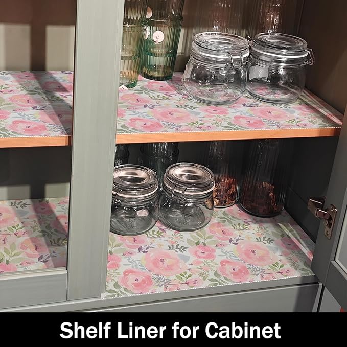 Amiitay Peach Peony Shelf and Drawer Liner for Kitchen,Non-Adhesive and Strong Non-Slip Floral Cabinet Drawer Liners for Kitchen Shelf, Waterproof Cupboard Liners,Easy to Clean,12IN x 10FT