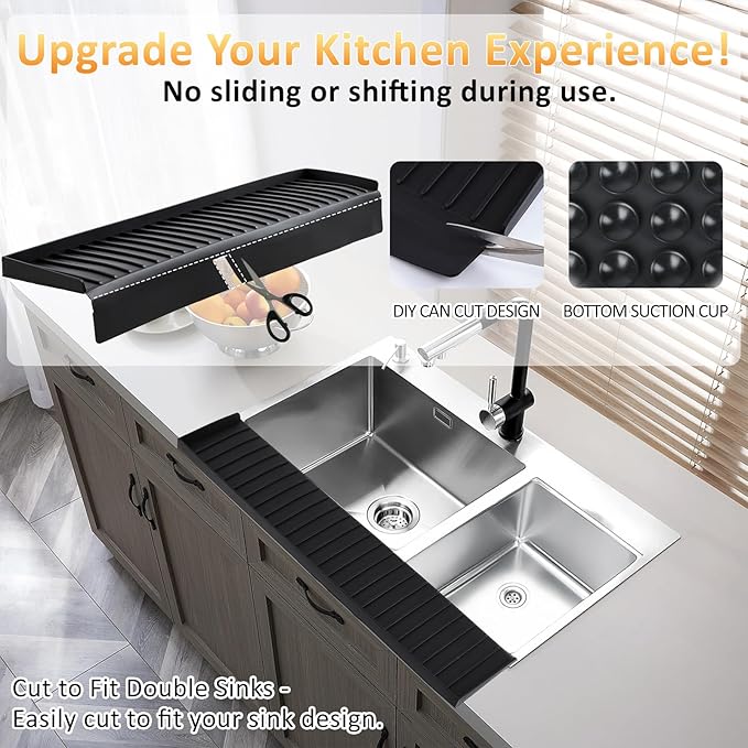 AyNirser Sink Edge Protector with Suction Cup 4"x30", Silicone Sink Splash Guard for Kitchen & Bathroom, Protect Countertop from Scratches, Stains, for Stainless Steel Granite Quartz-Black