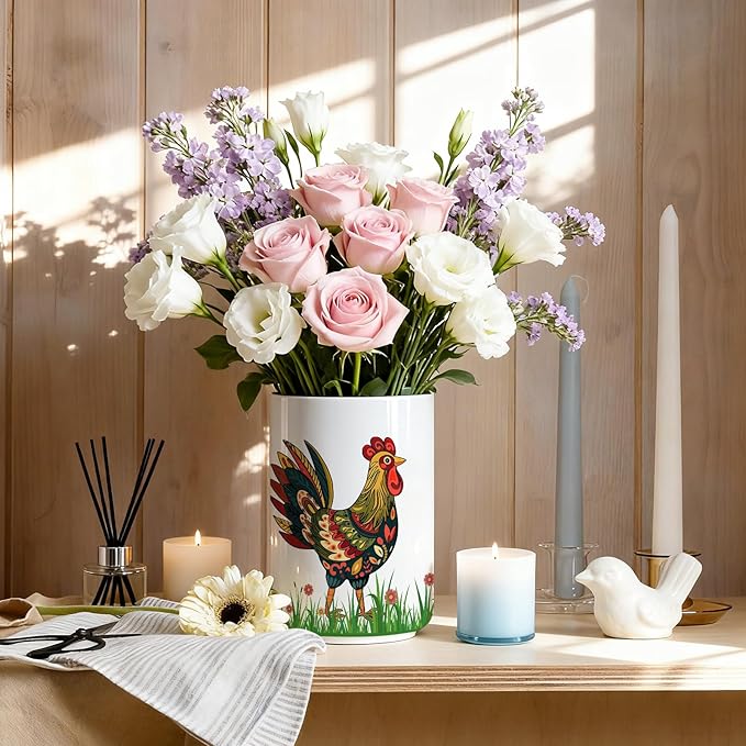 Ceramic Utensil Holder for Kitchen Counter,Rooster Chicken Kitchen Decor Large Cooking Utensil Crocks,for Farmhouse,Decorations Indoor Rustic Farmhouse 6.3"+4.7"(Chicken decorations)