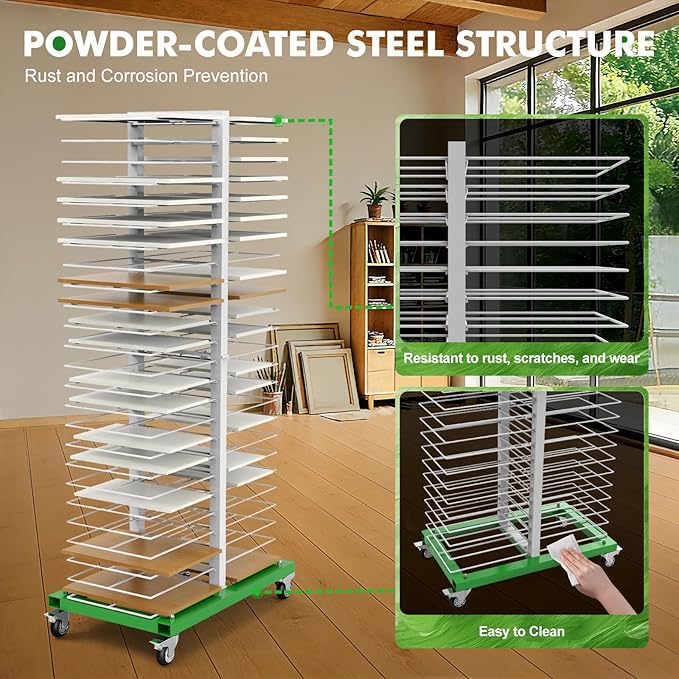 vanerepok Paint Drying Rack 50 Shelves for Cabinet Doors, Space-Saving Vertical Design for Art Studios & Classrooms, Heavy-Duty Storage Stand with Locking Casters, 25lbs Capacity per Shelf