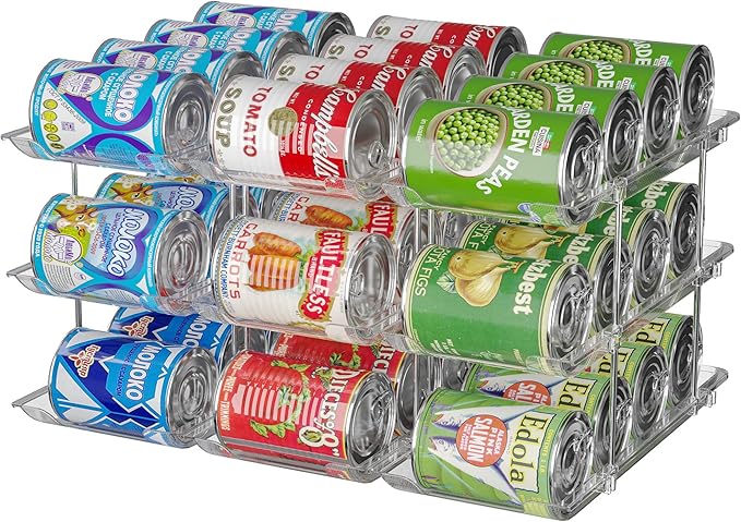 Stackable 3-Tier Can Organizer for Pantry & Fridge – Clear Auto-Rolling Rack Holds 36 Cans | Space-Saving Storage for Soda & Canned Food (3 Interlocking Sets)