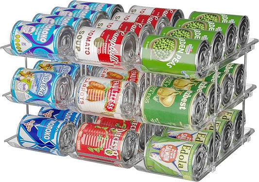 Stackable 3-Tier Can Organizer for Pantry & Fridge – Clear Auto-Rolling Rack Holds 36 Cans | Space-Saving Storage for Soda & Canned Food (3 Interlocking Sets)