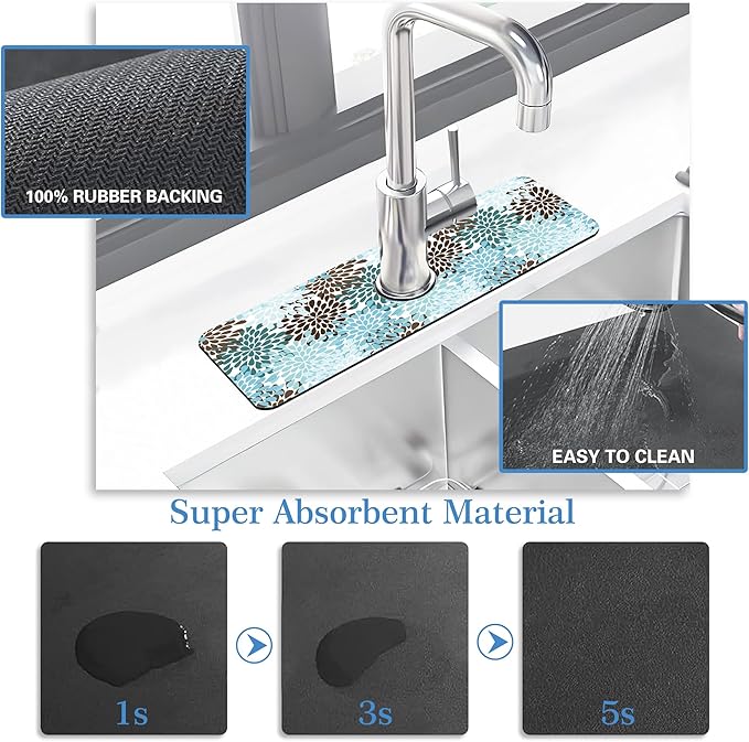 Faucet Mat Splash Guard Colorful Rain Drop, Soft Diatom Mud Material, Strong Water Absorption, Non-slip,Easy to Clean for Bathroom, Kitchen 15"X5.5"
