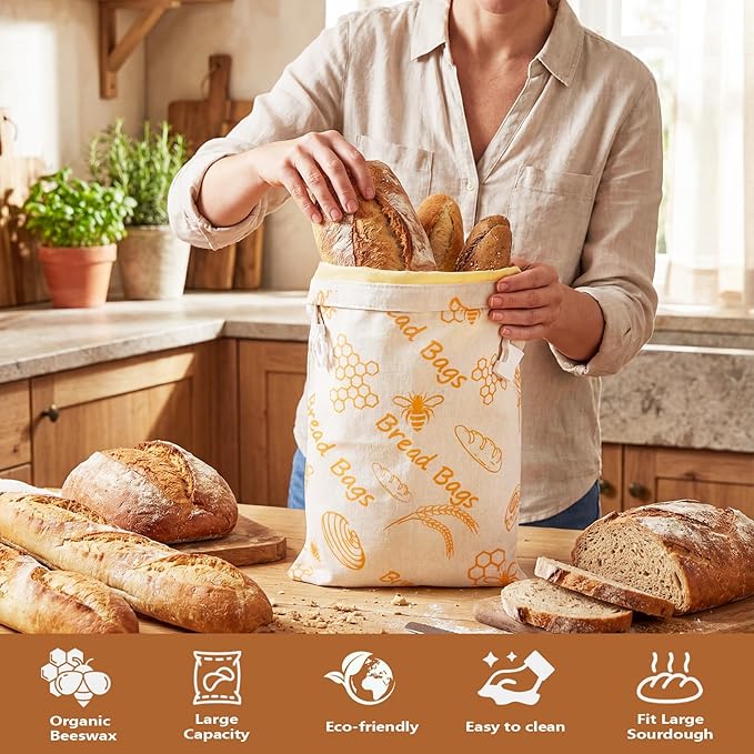 Beeswax Bread Bags for Sourdough 17in*12in Sealed Bag Reusable Cotton Beeswax Bag for Homemade Bread Freezer-Friendly Freshness Preservation with Snap Closure 2 Pack (Orange Pattern)
