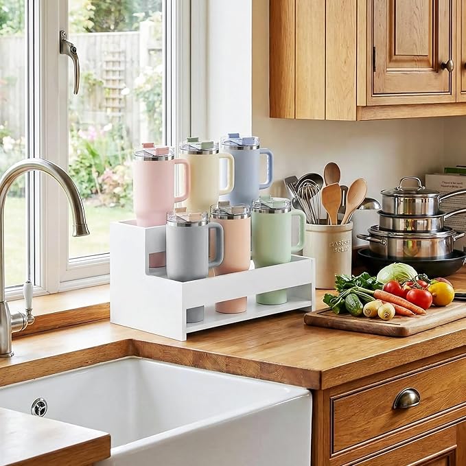 Water Bottle Organizer, 2-Tier 12.6”W Tumbler Holder, Pantry Kitchen Storage Rack for Wine Bottles Countertop Cabinet