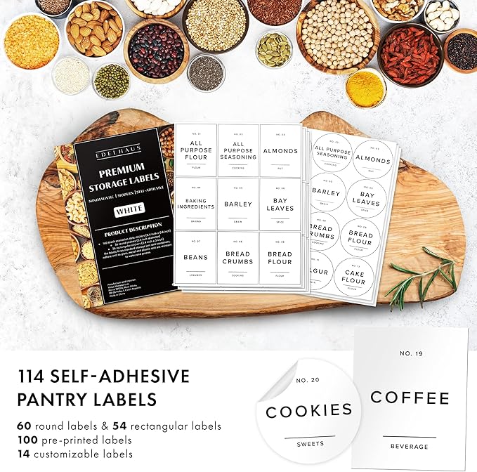 Minimalist Pantry Labels Self-Adhesive - 114 Stickers for Food Containers - Kitchen Labels for Organizing Storage Bins, Jars, Kitchen, Waterproof Spice Organiser Labels for Kitchen (White)