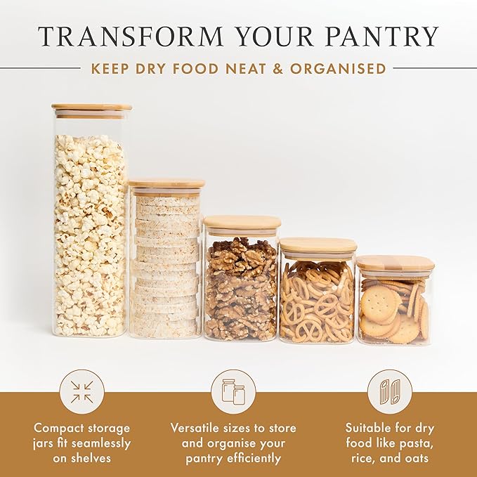 Glass Pantry Storage Containers with Lids- 165 Pantry Labels– Set of 5 various Sizes- Glass Canisters with bamboo lids-Perfect Pasta, Flour food Storage Containers-Airtight-Kitchen Canisters