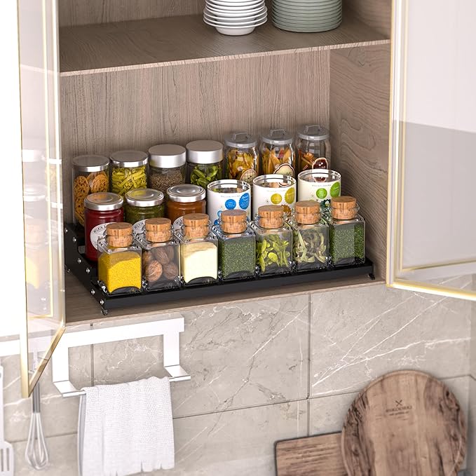 Expandable Carbon Steel Spice Rack Organizer for Pantry, Adjustable 3-Tier Ladder Shelf,Holds Up to 24 Cans,Kitchen Countertop Organizer, Rustproof Storage Rack for Spices, Cans, Sauces & Dry Goods