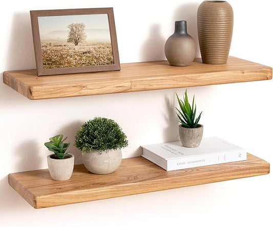 24" Rustic Elm Wood Floating Shelves, 8 Inch Deep Wall Shelves for Home Decor, Wall Mounted Floating Shelf with Invisible Bracket, Heavy-Duty Storage & Display Shelf for Living Room, Kitchen, Set of 2