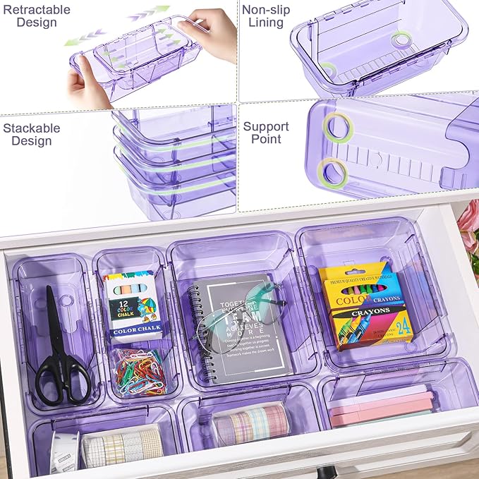 15 Pcs Adjustable Clear Drawer Organizer, All Extendable Vanity Storage Bins, Desk Drawer Organizer Set for Makeup, Cosmetics, Bedroom, and Gadgets, Purple