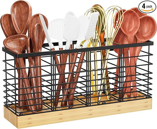 Yirilan Large Kitchen Utensil Holder, Cooking Utensil Holder for Counter, Cooking Holder for Spatula with Wooden Base, Kitchen Countertop, Farmhouse Cooking Utensil Storage (4 Compartments)