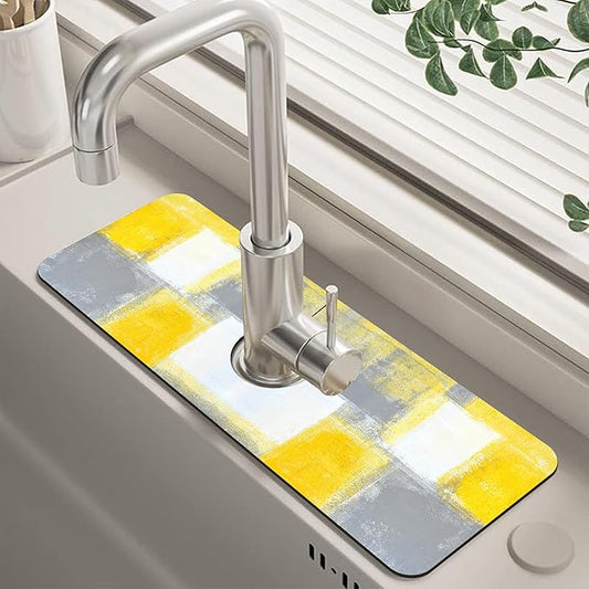 Grey and Yellow Abstract Kitchen Sink Splash Guard Mat Absorbent Fast Drying Mat Faucet Draining Mat Sink Splash Guard Behind Faucet Drip Catcher for Kitchen Bathroom 5.5"×15"