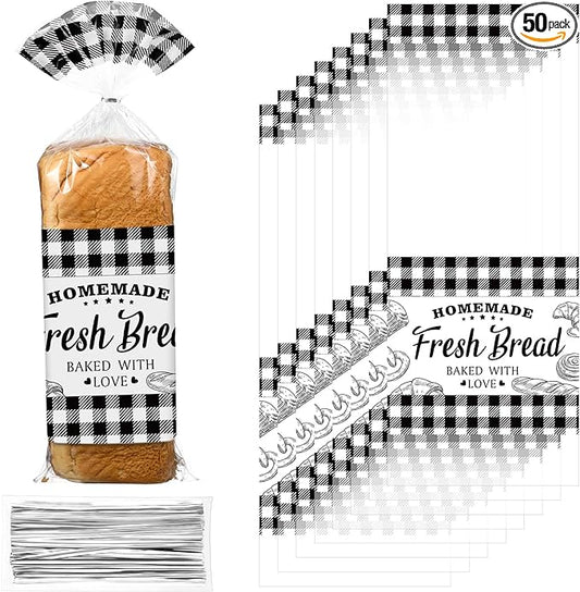 Sabary 50 Pcs Homemade Bread Bags with Ties Black Buffalo Plaid Bread Loaf Bags Plastic Clear Gift Storage for Home Bakers Bakery Christmas, 10 x 20 Inch