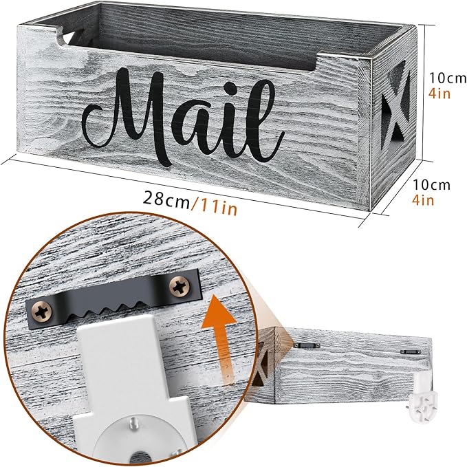 Mail Organizer Holder Countertop, Rustic Wood Mail Basket Storage Tray Letter Holder for Office Desk Wall Mount - Grey