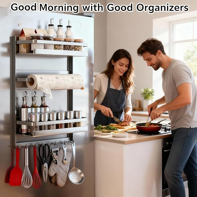 Magnetic Spice Rack for Refrigeratorwith 8-Hook, Magnetic Paper Towel Holder, with Strong Adhesion, Rust-Proof & Space-Saving Design for Kitchen, Bathroom(2 Tier Refrigerator Shelf)