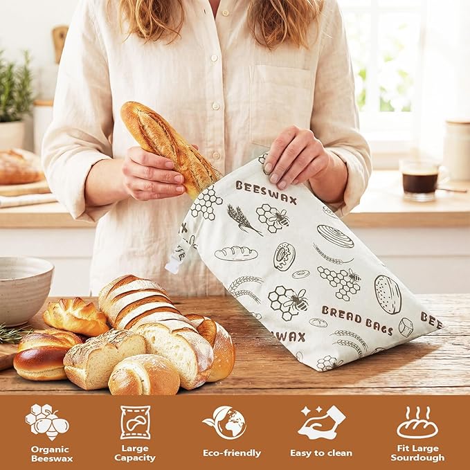 2Pack Reusable Bread Bags for Homemade Bread Organic Beeswax Cotton Bag -17x12in Food Storage with Snap Closure Fresh KeepingSourdough Storage Bag Thicker Organic Beeswax Sealed Bag(White)