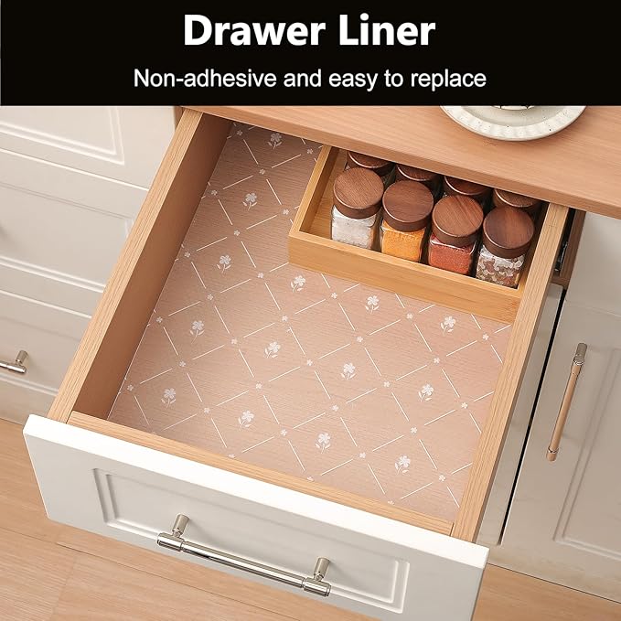INNOLITES Kitchen Cabinet Shelf Liner, Non-Adhesive Refrigerator & Drawer Liner, Waterproof EVA with Floral, Easy to Clean & BPA-Free (White Daisy, 17.7" x 197")