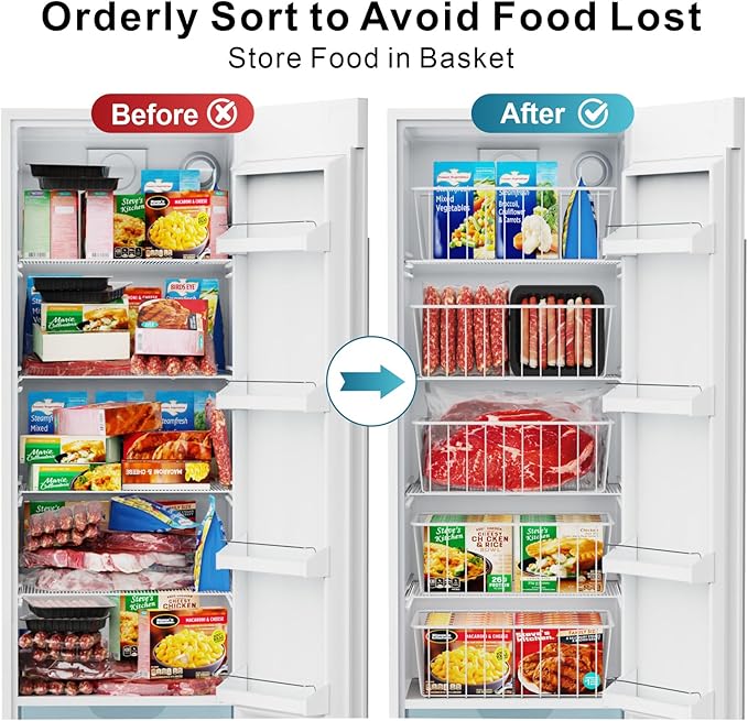 iSPECLE Upright Freezer Organizer Bins - 5 Pack Small Freezer Baskets for 5 / 6 / 6.5 / 6.8 / 7 cu.ft Upright Freezer Easy Get, Food No More Slide off, Allow Air Circulation for Quick Freezing, White