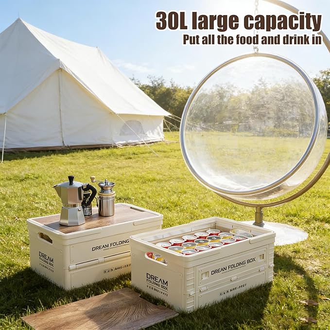 Collapsible Storage Bins with Wooden Lids, Foldable Stackable Storage Boxes with Handles, Cutting Board Top Organizer for Kitchen, Pantry, Camping, Picnic & Outdoor Use