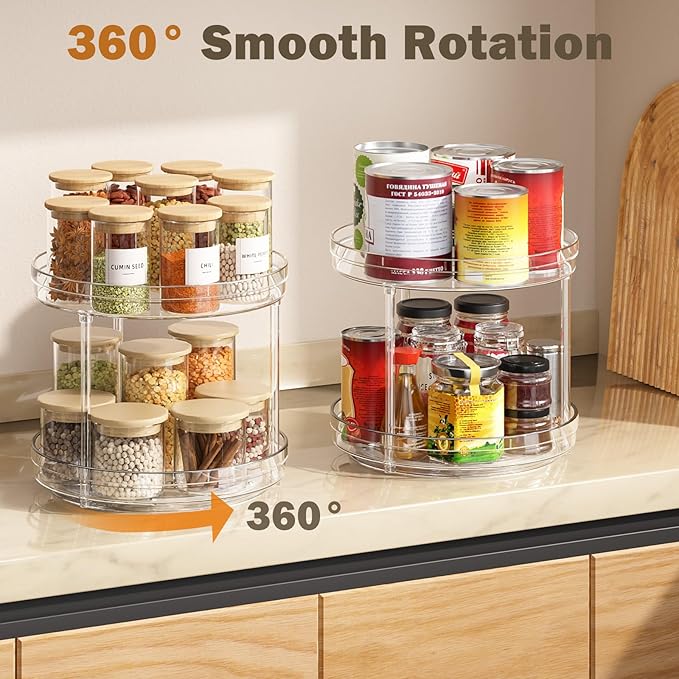Optish 2 Set 2 Tier Lazy Susan Organizer for Cabinet, 9.5" Rotating Spice Rack Turntable Organizer for Pantry, Kitchen, Countertop, Bathroom, Vanity, Medicine Cabinet Organization