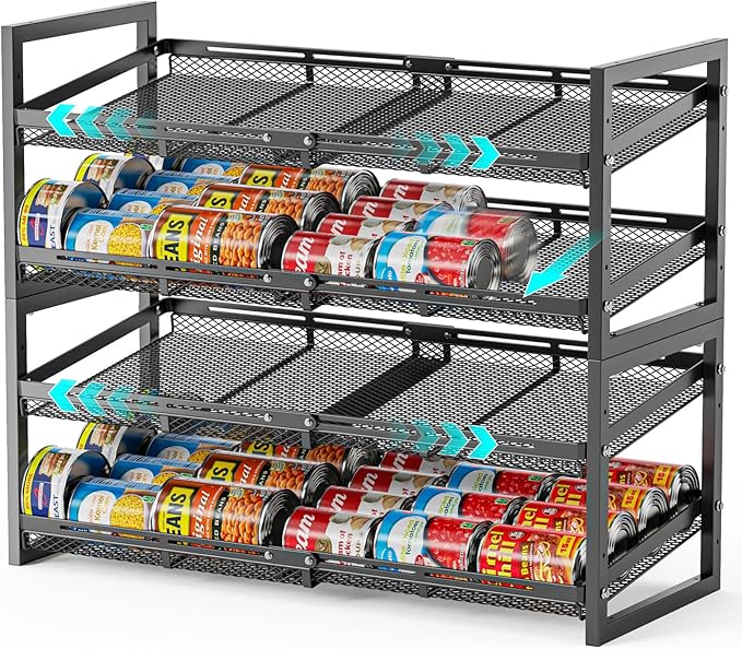 iSPECLE Extendable Can Organizer for Pantry, Adjustable Width Can Storage Organizer for 96 Cans, Heavy Duty Auto Rolling Dispenser Rack, Stackable Metal Shelf for Soup Spices Snacks, Black