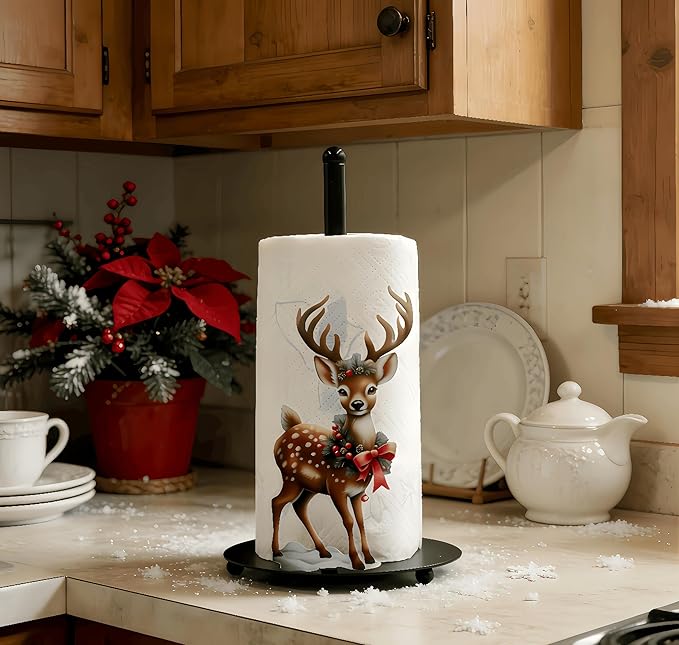 Deer Paper Towel Holder Countertop, Freestanding Paper Roll Holder,Easy One-Handed Tear Kitchen Paper Towel Stand with Weighted Base,Cute Animal Home Decor for Kitchen and Bathroom Countertop(1 Pack)