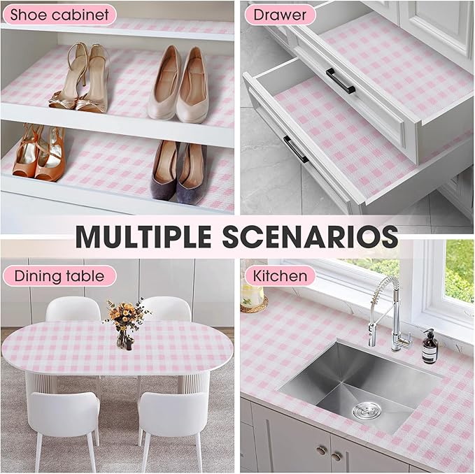 ALIUNI Drawer and Shelf Liner, Non-Slip Kitchen Cabinet Liners Non-Adhesive Thick Strong Grip Waterproof Washable Mats Protect Dresser Shelves Cupboard Bathroom Cabinets, Pink Plaid, 18 in X 20 FT